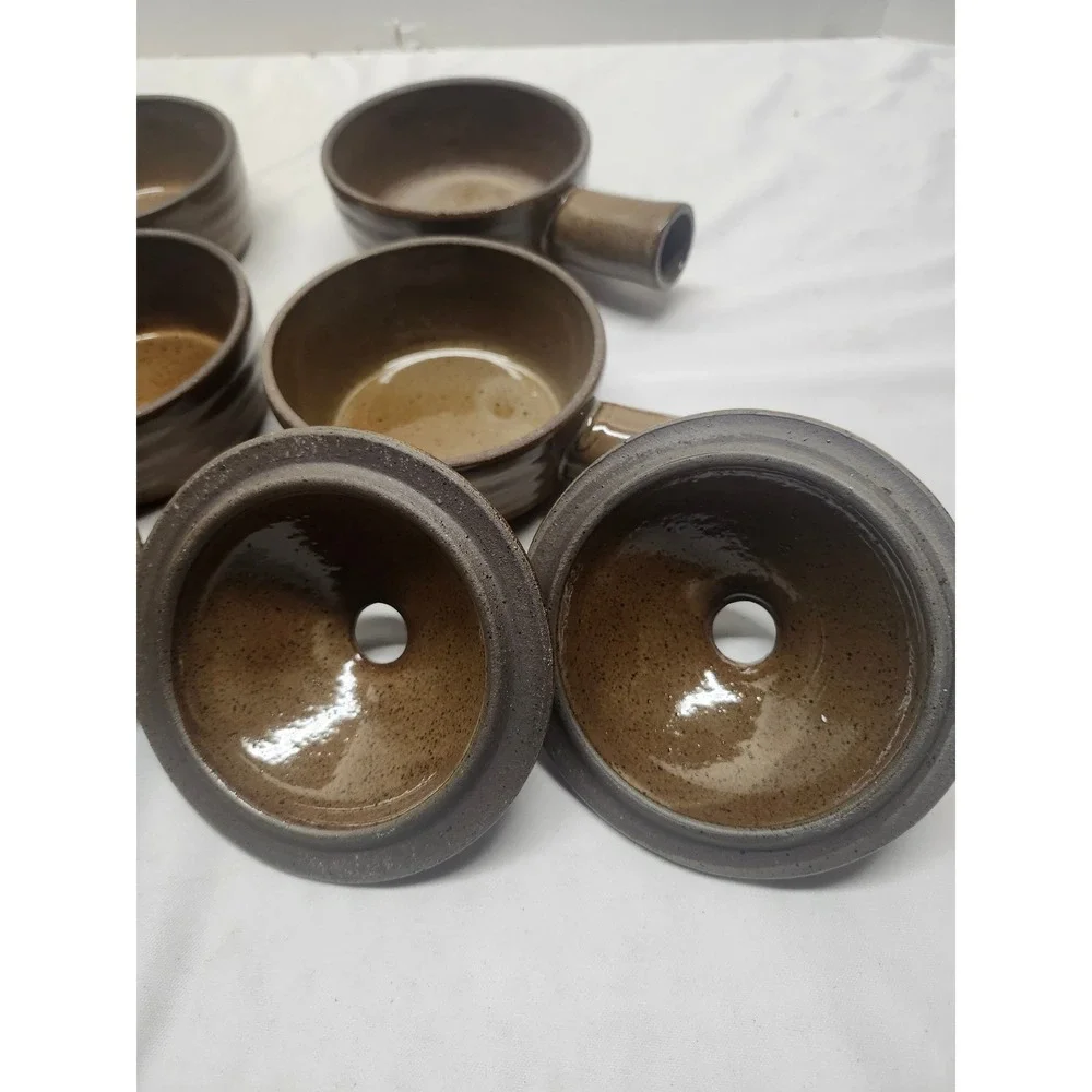 Vintage Brown Speckled Stoneware French Onion Soup Bowls with Lids Set of 4